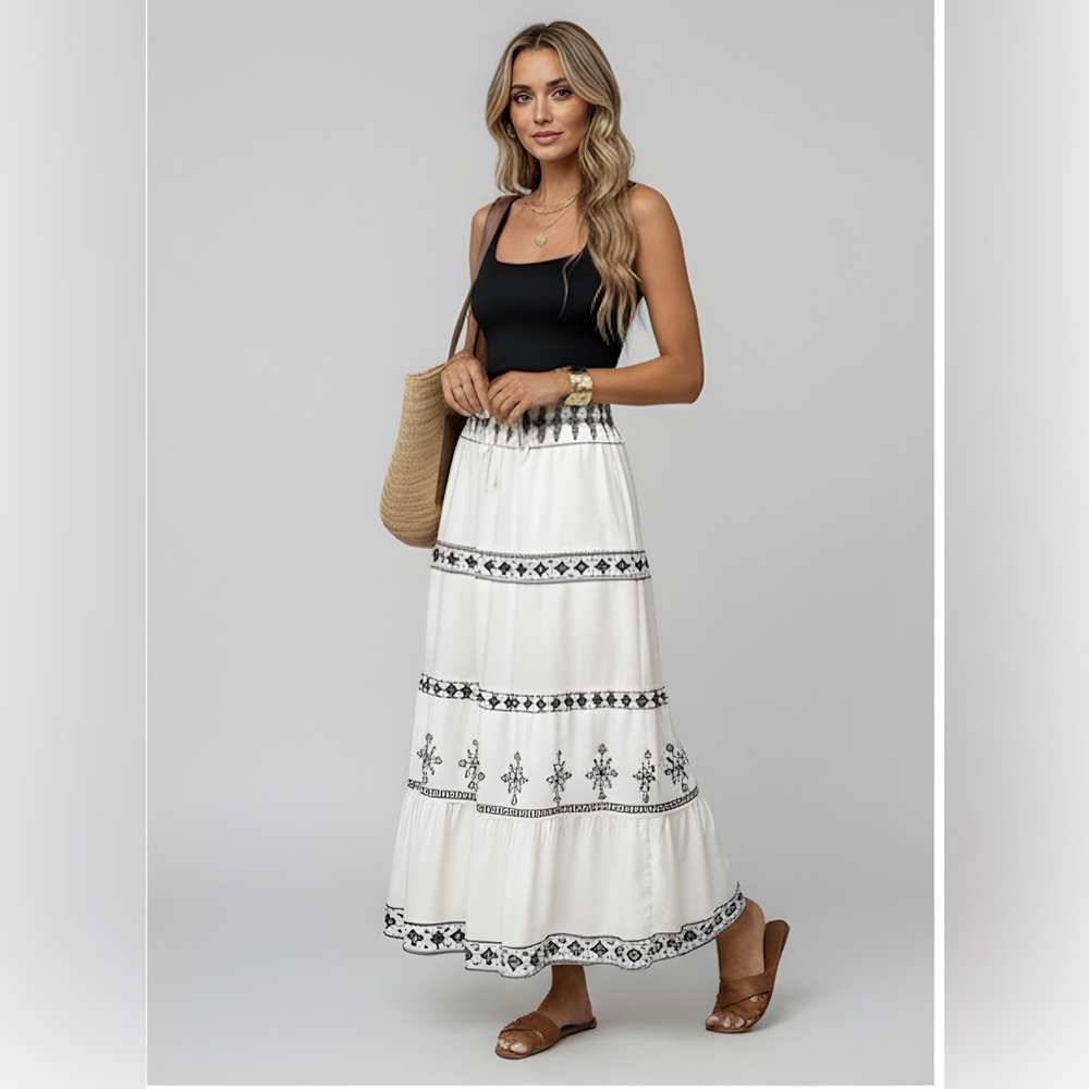 Boho Print Shirred waist Maxi Skirt Off White - Picture 1 of 7